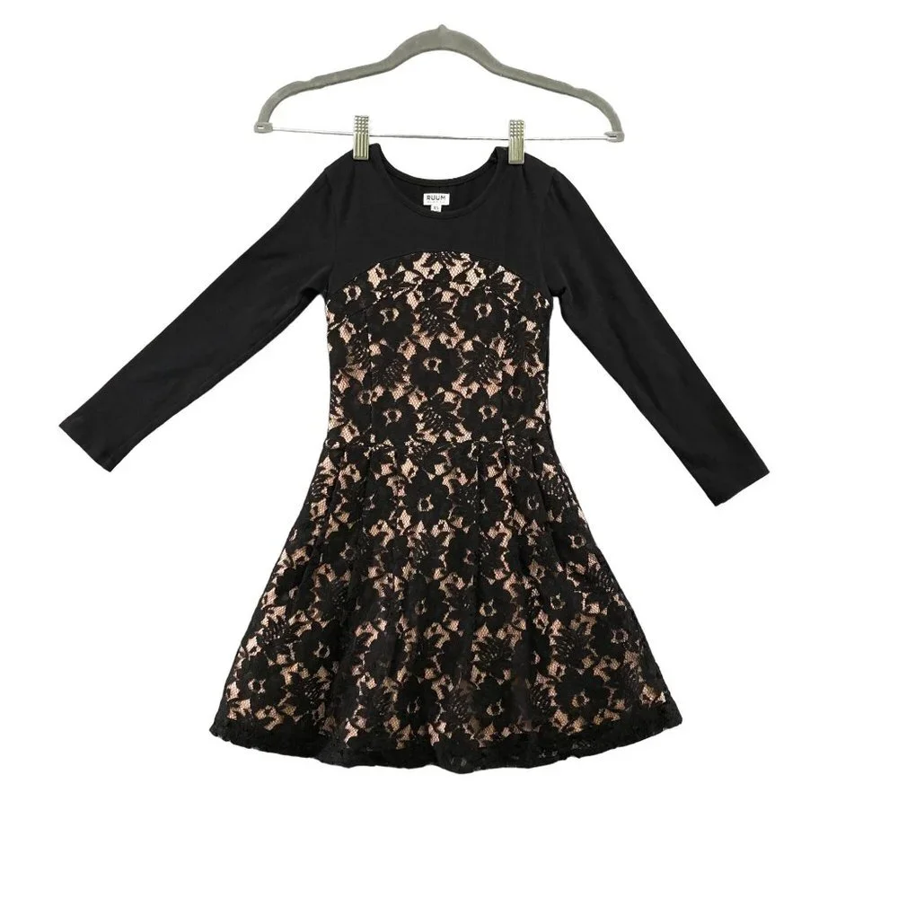 RUUM Kids Girls XS 5/6 Party Dress Lace Layer Black Beige Long Sleeve‎ Fit Flare